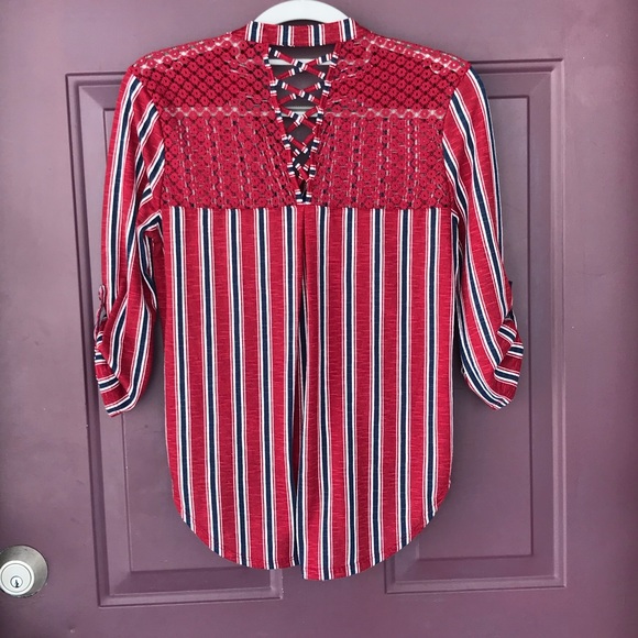 Red & Navy Striped Button Down Tie Front Too XS - Picture 15 of 16